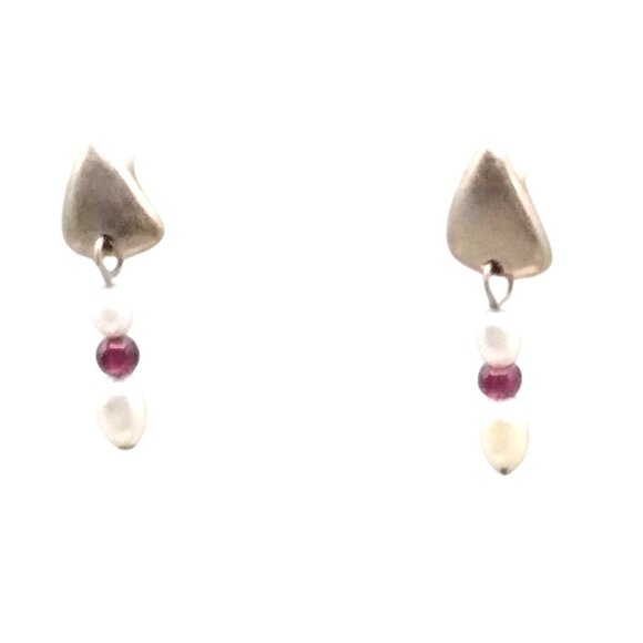Vintage C FF Sterling Silver Drop Earrings with Rice Pearls and Garnet Beads - Picture 3 of 4